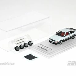 Hobbiestock Collectibles Toyota Corolla Levin AE86 White With Extra Wheels And Carbon Effect Front Bonnet Decal Die Cast Models